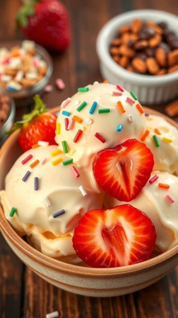 A bowl of vanilla ice cream topped with sprinkles and strawberries, with toppings in the background.